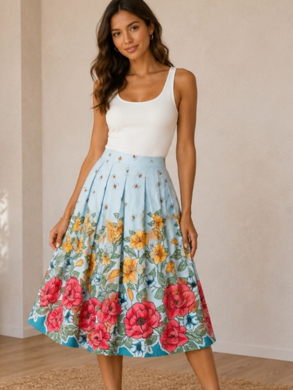Source Unknown Floral Circle Skirt in Light Blue with Pink & Yellow Flowers